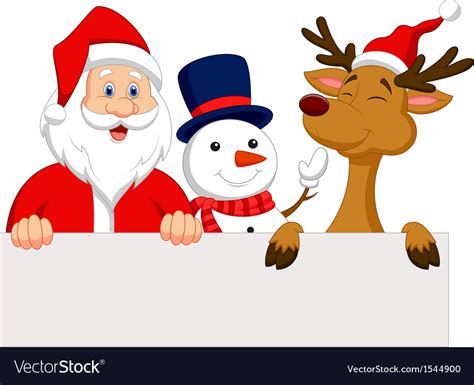 Cartoon santa claus reindeer and snowman with bla Vector Image