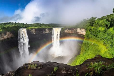 Premium Photo | Majestic waterfall with mist and rainbows visible in exotic destination created ...