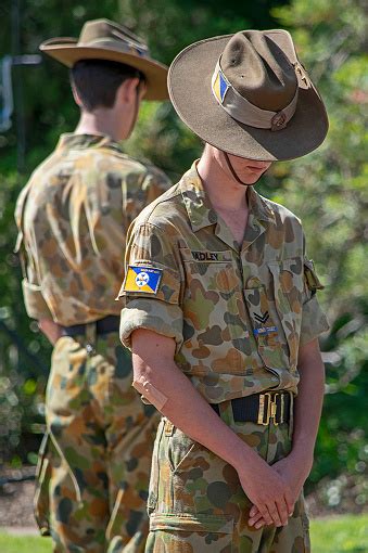 Anzac Day Parade Young Australian Army Cadets In Uniform Heads Bowed In ...