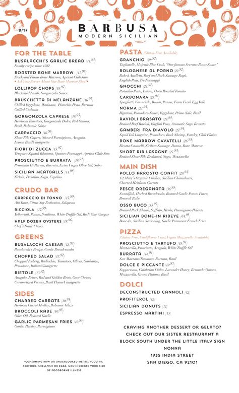 Food Menu - Little Italy Restaurant | San Diego Italian Restaurant | Barbusa