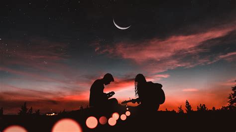 #Couple Playing guitar #Silhouette #Romantic Half moon #5K #Sunset #5K ...