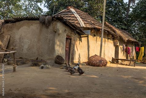 Indian rural village with mud houses and ducks in the courtyard ...