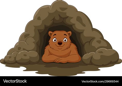 Cartoon happy brown bear in cave Royalty Free Vector Image