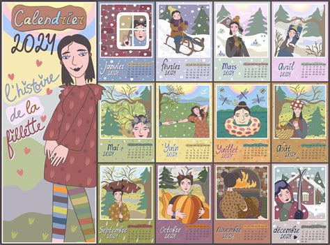 Calendar 2024 in french language. Colorful monthly calendar with cute little girl in different ...