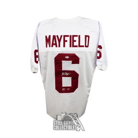 Baker Mayfield 17 HT Insc Autographed Oklahoma Sooners White Football ...