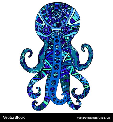 Fantasy ornamental octopus blue color Royalty Free Vector