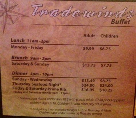 Menu at Treasure Island Resort & Casino restaurant, Red Wing