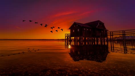 Lake House On Pier Birds Flying Sunset Scenery, HD Nature, 4k Wallpapers, Images, Backgrounds ...