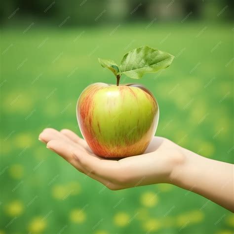 Premium AI Image | A hand holding an apple with a green background and the word apple on it.