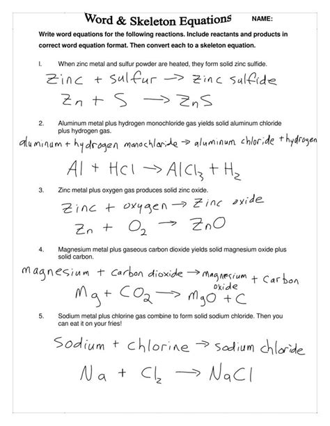 Chemical Word Equations Worksheet