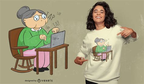 Old Woman With Laptop Computer T-shirt Design Vector Download