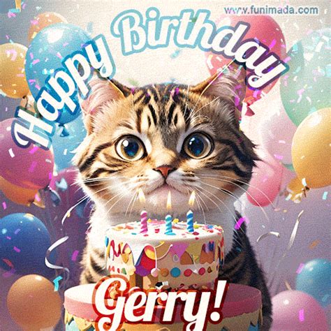 Happy birthday gif for Gerry with cat and cake | Funimada.com