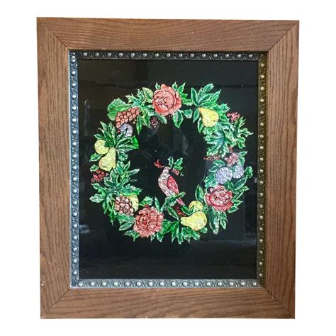 Victorian Tinsel Painting of Wreath With Bird | Chairish