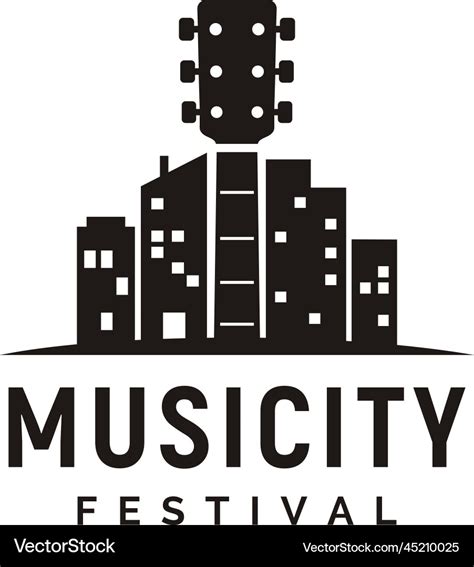 Guitar instrument city building music skyline logo