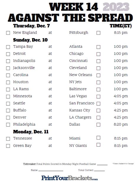 Week 14 Nfl Schedule Printable