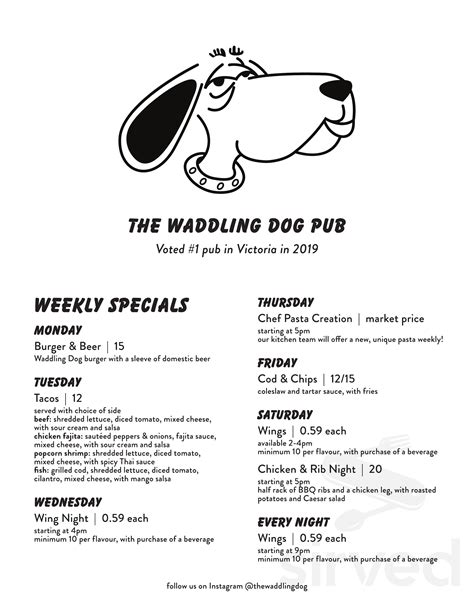 Waddling Dog Pub menu in Saanichton, British Columbia, Canada