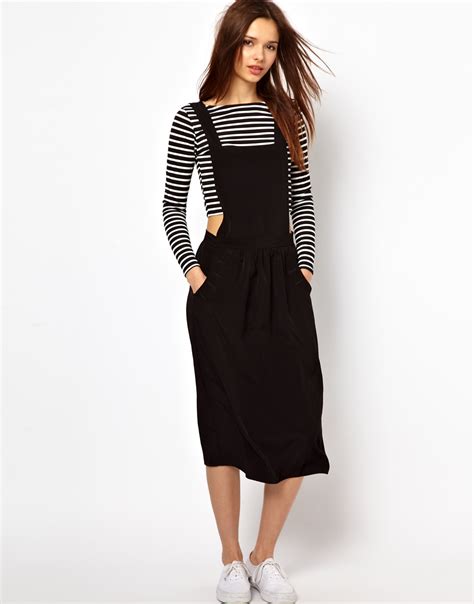 River island Midi Length Pinafore Dress in Black | Lyst