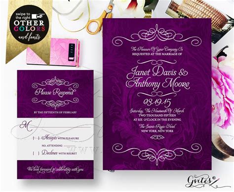 Purple Wedding Invitation Set Response Cards/ Watercolor Eggplant Plum ...