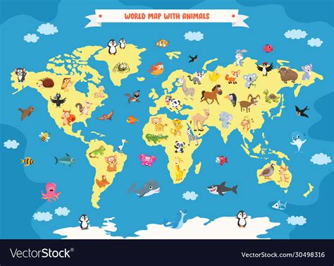 World map with animals Royalty Free Vector Image