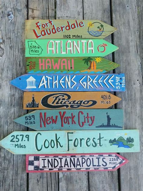 5 Custom Directional Mileage Signs, Destination Sign, Travel Marker, Hand Painted Wooden Arrow ...