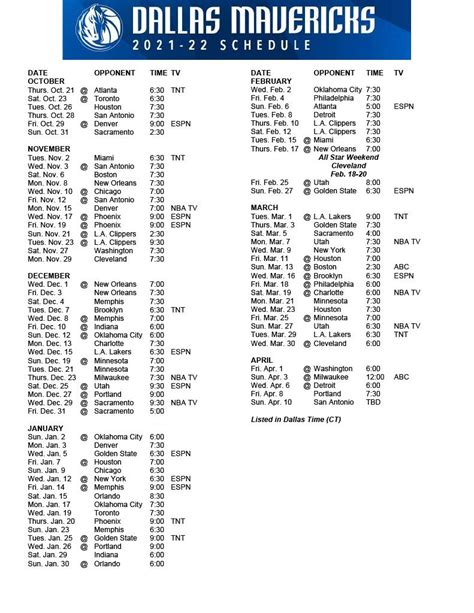 Dallas Mavericks Printable Schedule - Free Printable Templates