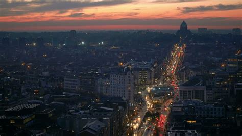 Brussels City Illuminated At Night Aerial View Belgium Stock Footage ...