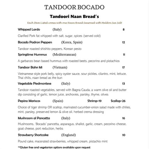 Tandoor Bocado - Here is the current Tandoor Bocado Menu....