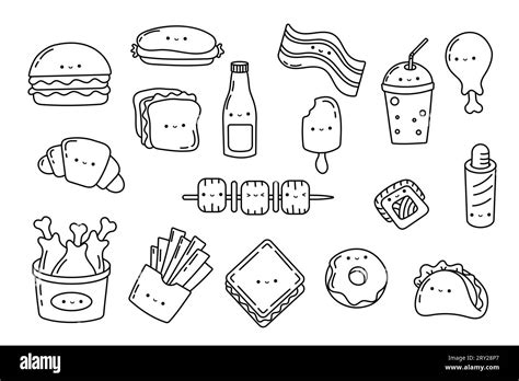 Set Kawaii Sticker Fast Food Coloring Page. Collection Cute Kawaii Fast Food Illustrations ...