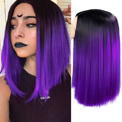 HANNE Ombre Black to Purple Shoulder Length Bob Wig for Women - Short Straight Hair Bob Wigs in ...