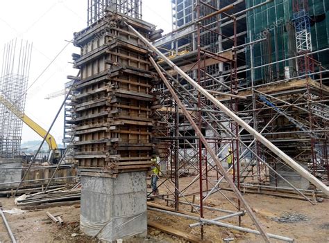 Timber column formwork under construction at the construction site ...