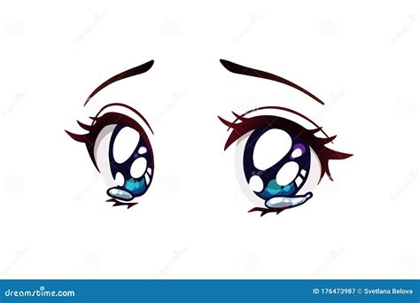 Sad Anime Eyes. Tears In Her Big Blue Eyes. Vector Illustration | CartoonDealer.com #176473987