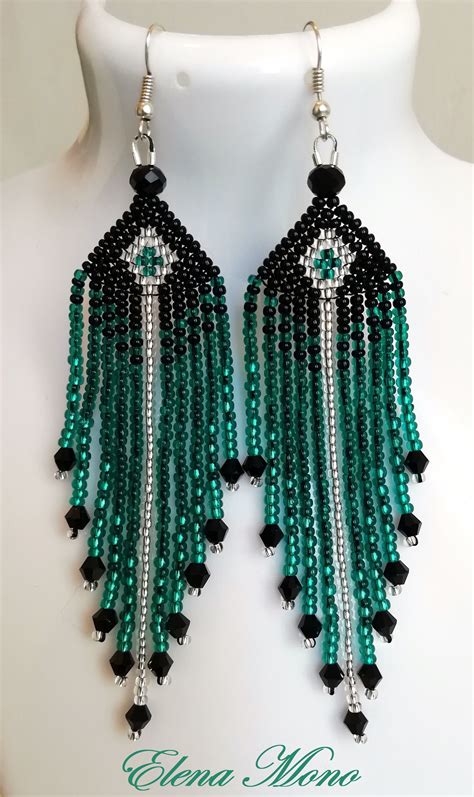 Brick stitch fringe earrings "Emerald Feather" Long fringe earrings Beaded earrings | Earring ...