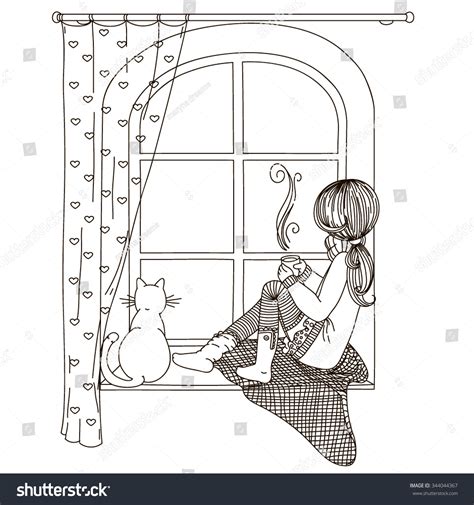 Girl Sitting On Windowsill Looking Out Stock Vector 344044367 ...