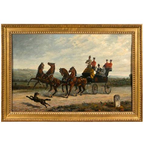 19th Century Oil on Canvas of Gentlemen on a Horse Pulled Wagon at 1stdibs