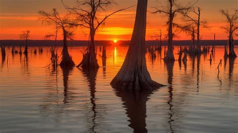 Premium AI Image | A sunset with a tree silhouette in the water