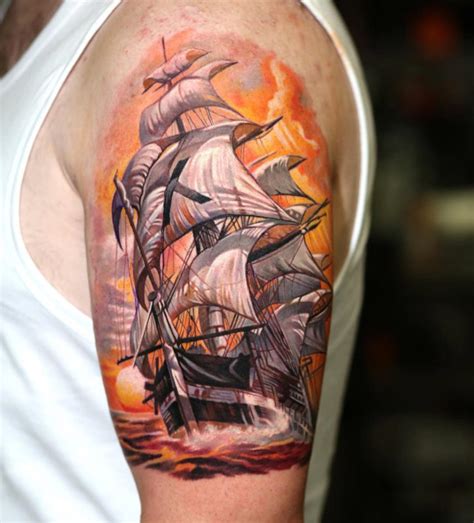 Sailing Ship with Orange Sky, Mens Upper Arm Piece