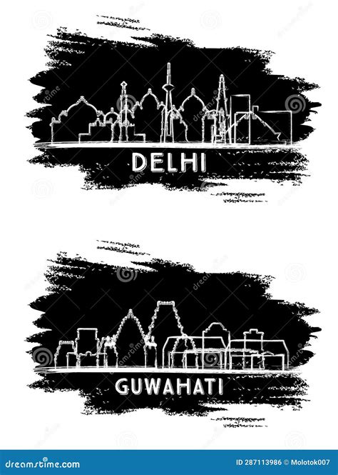 Guwahati And Delhi India City Skyline Silhouette Set Stock Photo ...