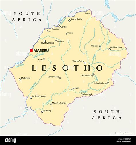 Lesotho Political Map with capital Maseru, national borders, important cities and rivers ...