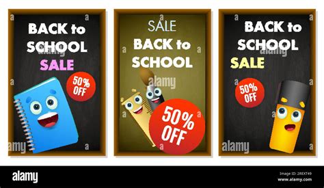 Sale flyers design with cute cartoon school supplies Stock Vector Image ...