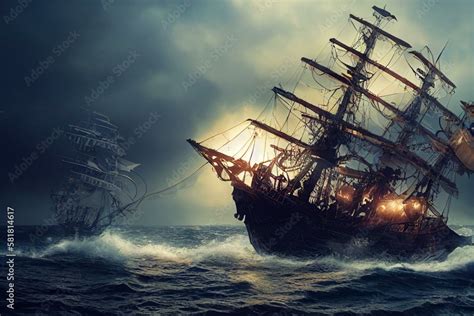 A pirate ship on the high seas during a storm. An old ancient pirate ...