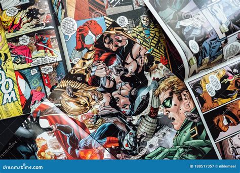 Open Comic Book, Pages with Heroes Close Up. Background Editorial ...