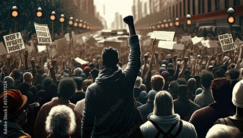 Protesting crowd people on city street with raised fist rear view, anti ...