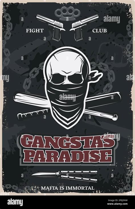 Mafia and gangster fight club poster with drawn skull in bandana and ...