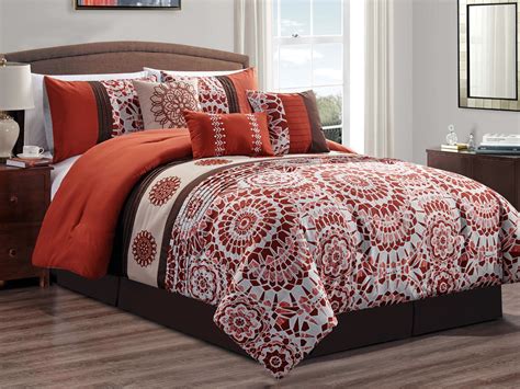 11-Pc Ranji Geometric Floral Medallion Embroidery Pleated Comforter Curtain Set Rust Orange ...