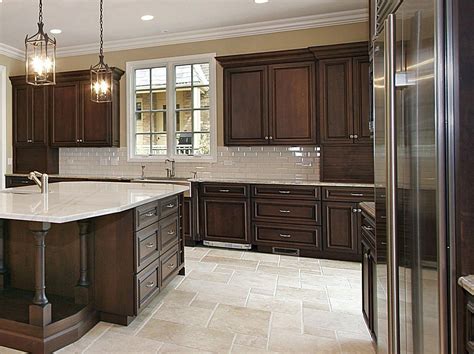 Stained cabinets, white tile floors | Dark brown kitchen cabinets, Kitchen backsplash designs ...