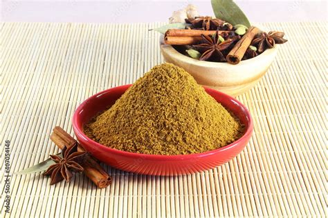 indian spices homemade biryani masala powder isolated for vegetarian or ...