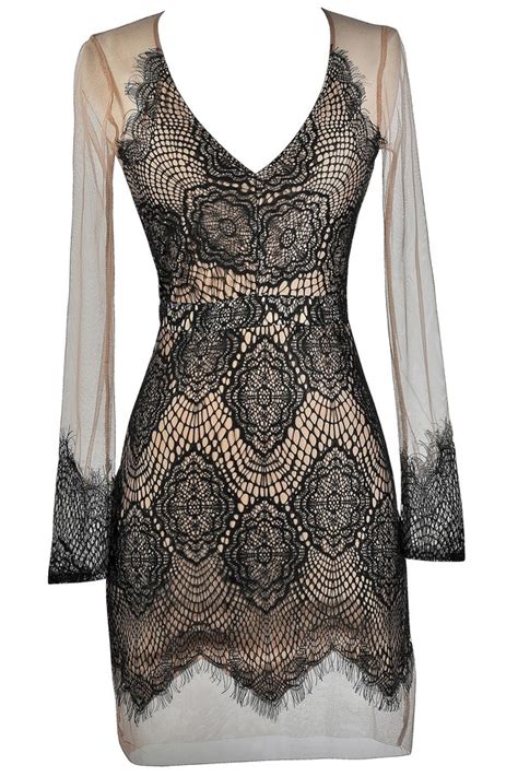 Black and Beige Mesh Lace Dress, Cute Black Fitted Dress, Lace Cocktail ...