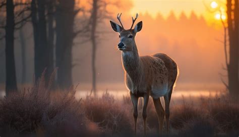 Premium Photo | Young deer against a background of sunrise and foggy forest