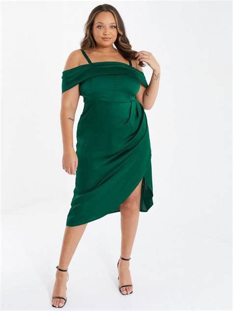 Quiz Curve Curve Curve Satin Ruched Midi Dress - Dark Green | very.co.uk