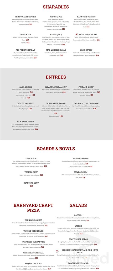 The Barnyard Crafthouse & Eatery menu in Tucson, Arizona, USA